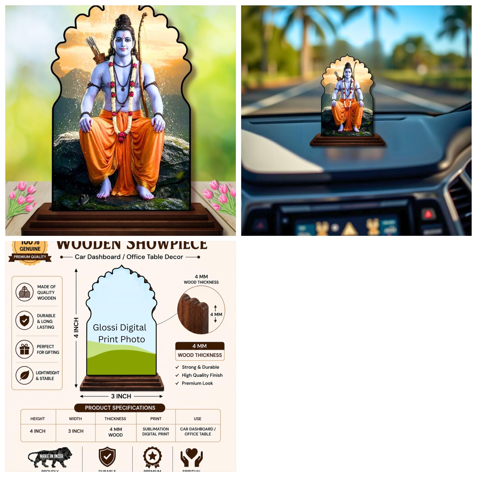 Car Dashboard/Table Top Lord Rama Wooden Temple Photo Stand 3x4 Inches, Compact & Stylish Spiritual Display for Car, Home & Office product image collage