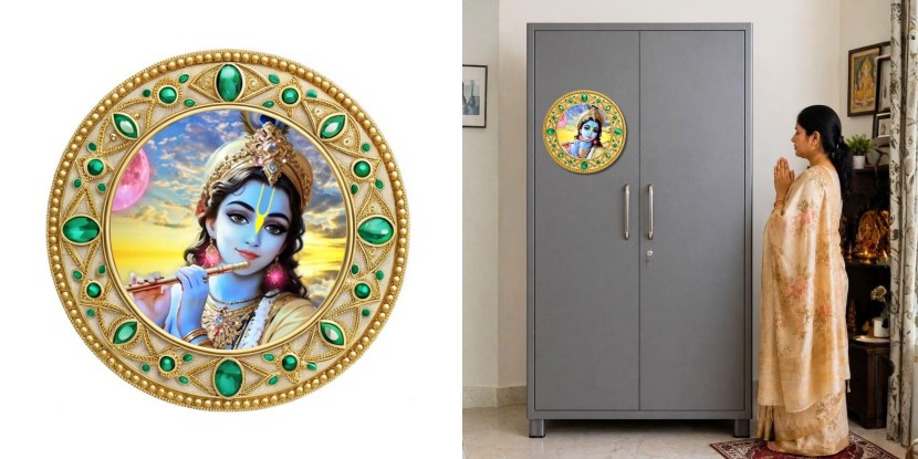 Lord Krishna Fridge Magnet Wooden | Glossy Sublimation Print | 4x4 Inch | Strong Magnet Back | Hitech (F23768)